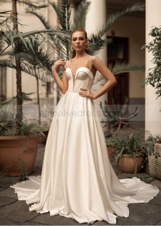 Beaded Straps Ivory Satin Wedding Dress With Pockets